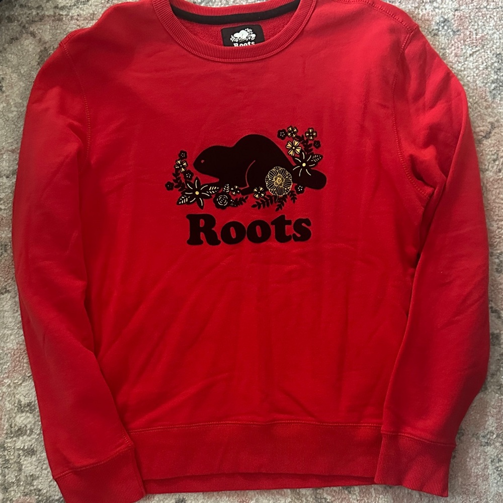 Roots Unisex Red Crewneck Sweatshirt with Floral Beaver Logo